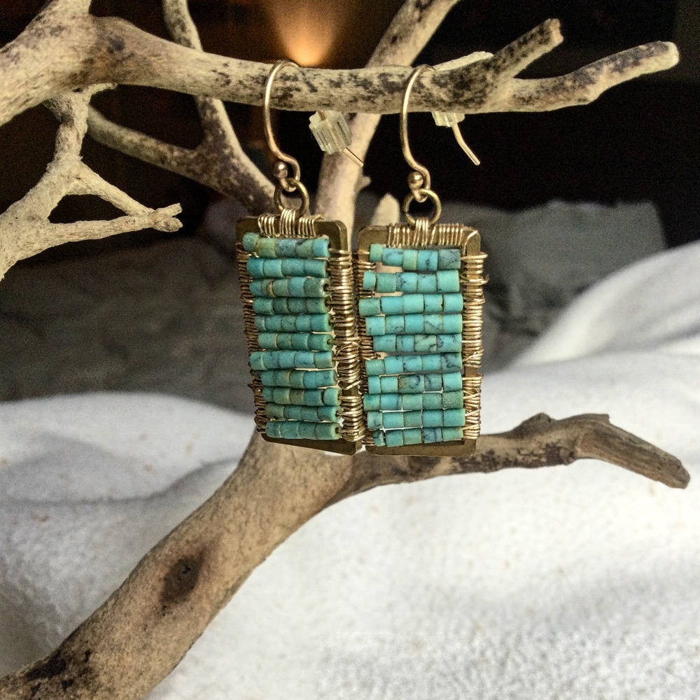 Turquoise bead and gold wire earrings